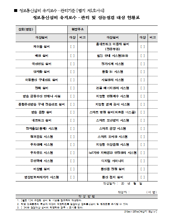 정보통신설비 유지관리 및 성능점검 대상 현황표